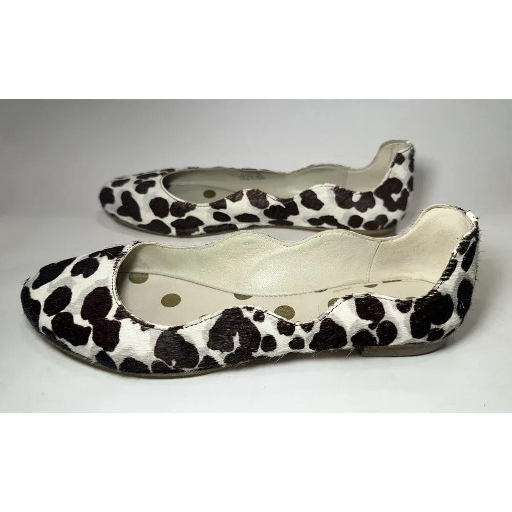 Boden Calf Hair Leopard Print Ballet Flats Scalloped Brown Women 38.5 US 7.5